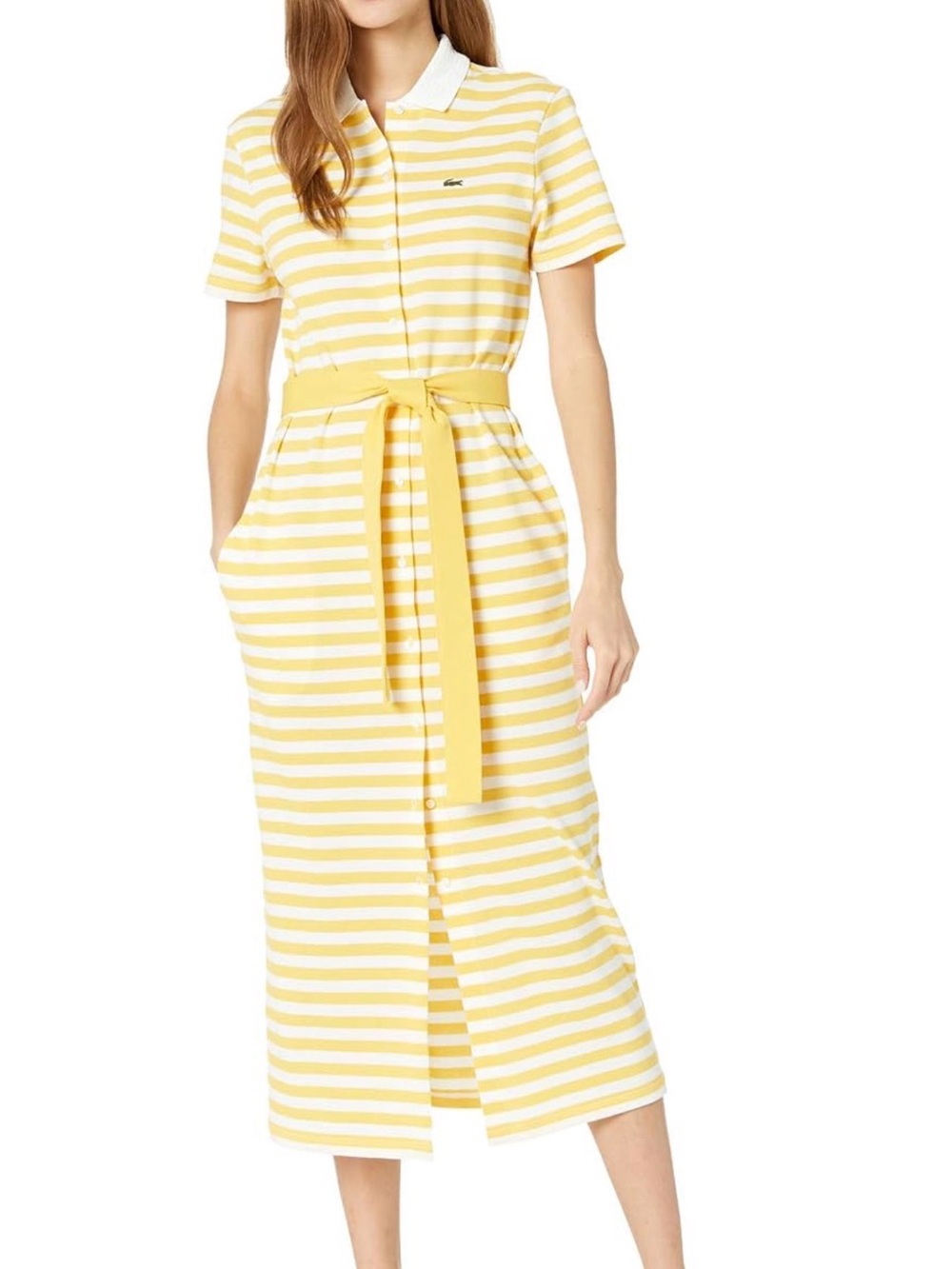 Lacoste Yellow and White Striped Polo Dress with Tie Waist
